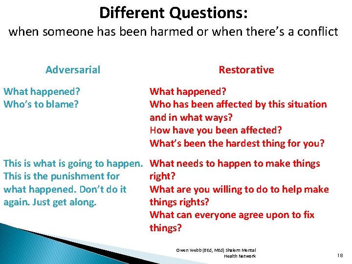 Different Questions: when someone has been harmed or when there’s a conflict Adversarial Restorative