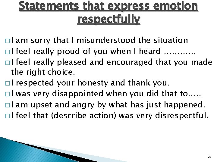 Statements that express emotion respectfully �I am sorry that I misunderstood the situation �