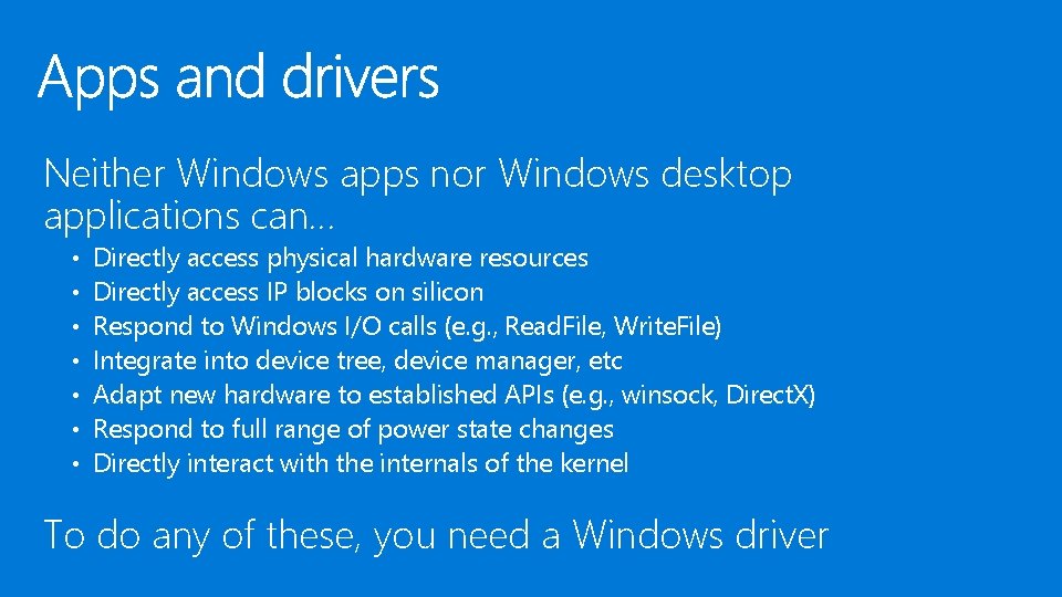 Neither Windows apps nor Windows desktop applications can… • • Directly access physical hardware