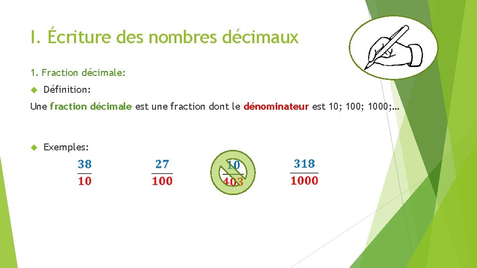 I. Écriture des nombres décimaux 1. Fraction décimale: Définition: Une fraction décimale est une