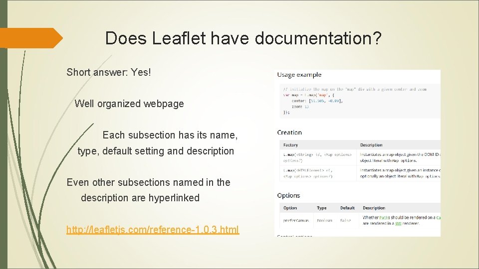 Does Leaflet have documentation? Short answer: Yes! Well organized webpage Each subsection has its Does Leaflet have documentation? Short answer: Yes! Well organized webpage Each subsection has its