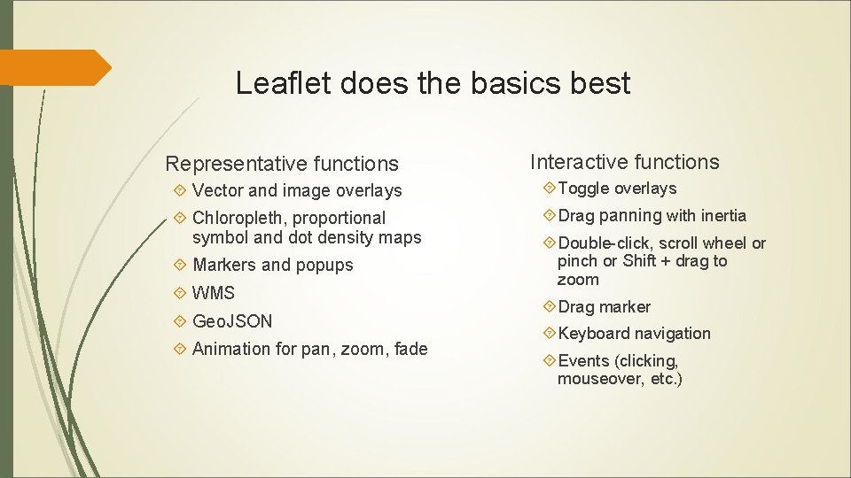 Leaflet does the basics best Representative functions Interactive functions Vector and image overlays Toggle Leaflet does the basics best Representative functions Interactive functions Vector and image overlays Toggle