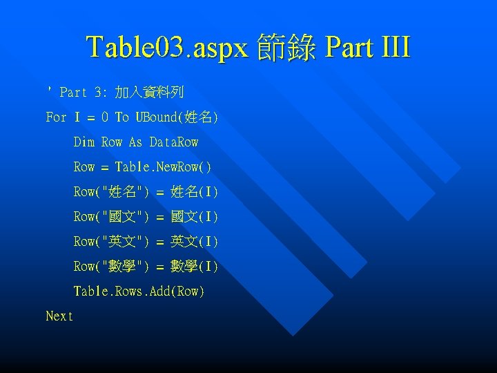 Table 03. aspx 節錄 Part III ' Part 3: 加入資料列 For I = 0