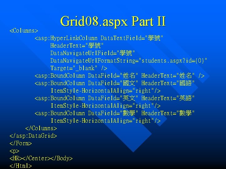 Grid 08. aspx Part II <Columns> <asp: Hyper. Link. Column Data. Text. Field="學號" Header.