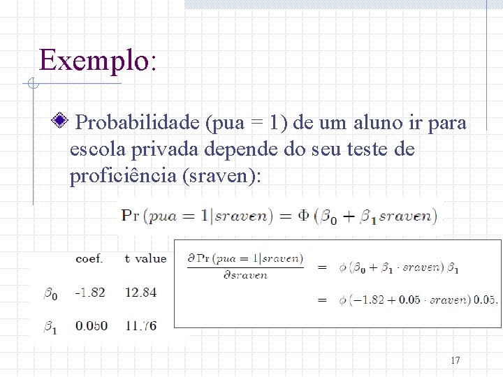 Exemplo: Probabilidade (pua = 1) de um aluno ir para escola privada depende do