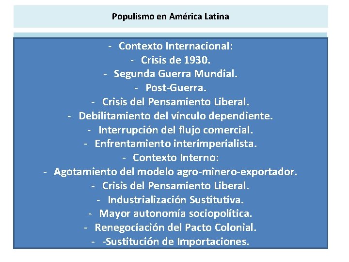 Populismo en América Latina - Contexto Internacional: - Crisis de 1930. - Segunda Guerra