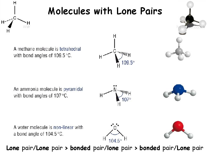 Molecules with Lone Pairs Lone pair/Lone pair > bonded pair/lone pair > bonded pair/Lone