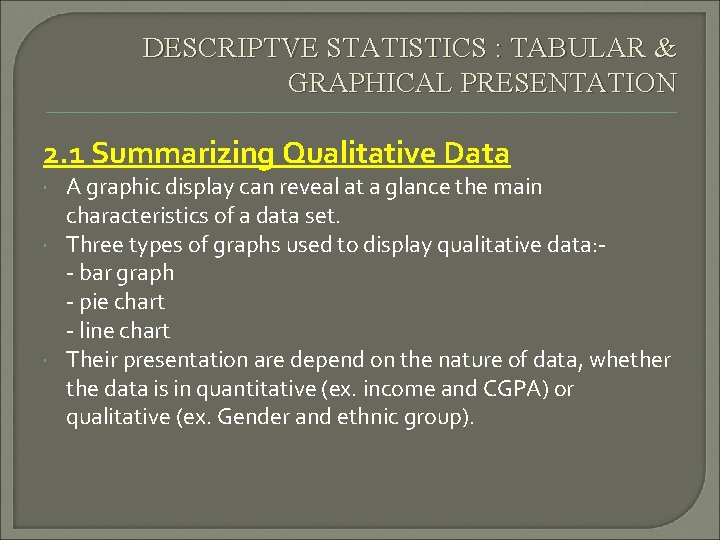 DESCRIPTVE STATISTICS : TABULAR & GRAPHICAL PRESENTATION 2. 1 Summarizing Qualitative Data A graphic