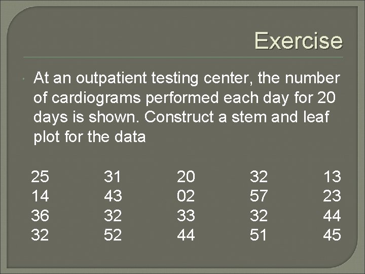 Exercise At an outpatient testing center, the number of cardiograms performed each day for