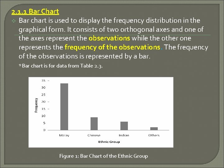 2. 1. 1 Bar Chart v Bar chart is used to display the frequency