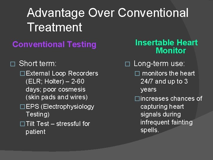 Advantage Over Conventional Treatment Insertable Heart Monitor Conventional Testing � Short term: � Long-term