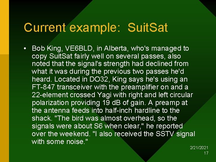 Current example: Suit. Sat • Bob King, VE 6 BLD, in Alberta, who's managed