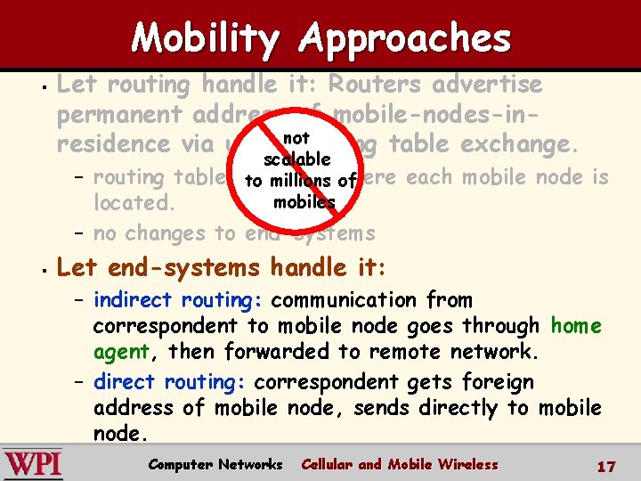 Mobility Approaches § Let routing handle it: Routers advertise permanent address of mobile-nodes-inresidence via