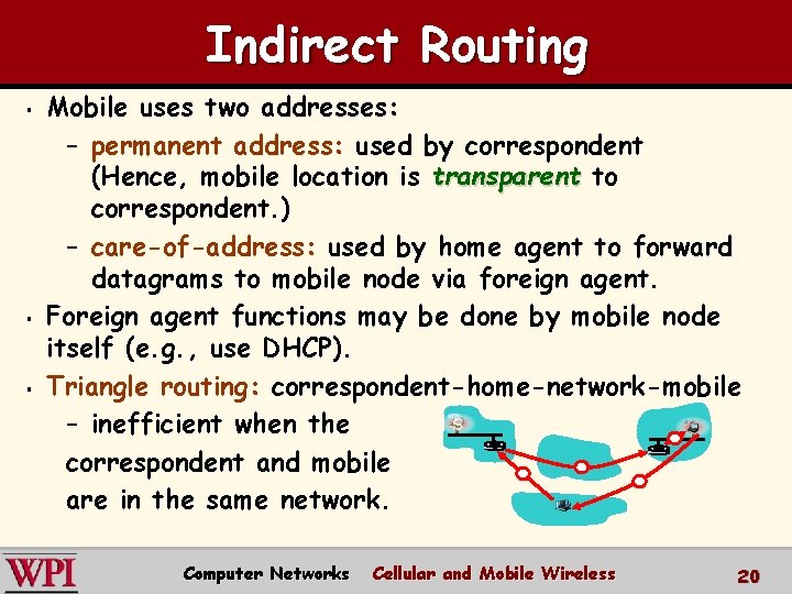 Indirect Routing § § § Mobile uses two addresses: – permanent address: used by