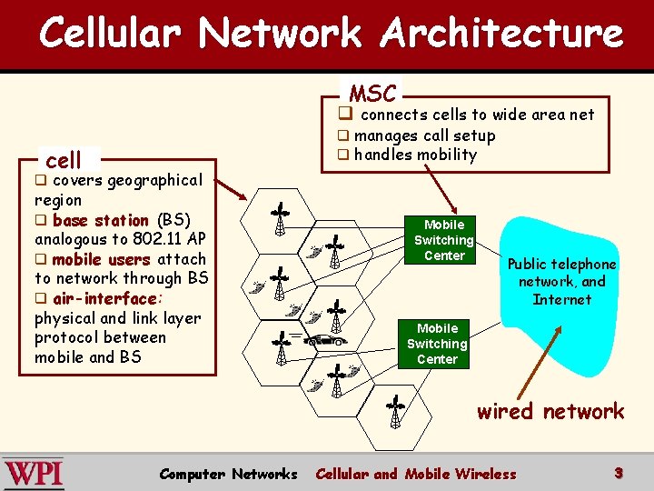 Cellular Network Architecture MSC q connects cells to wide area net q manages call