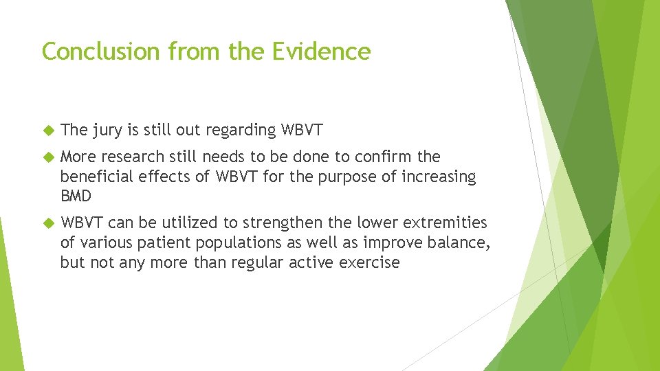 Conclusion from the Evidence The jury is still out regarding WBVT More research still