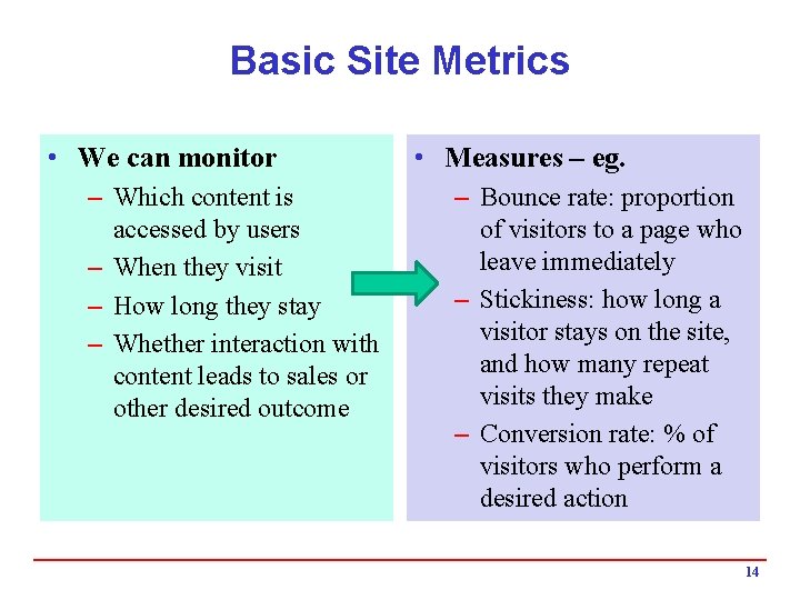 Basic Site Metrics • We can monitor – Which content is accessed by users