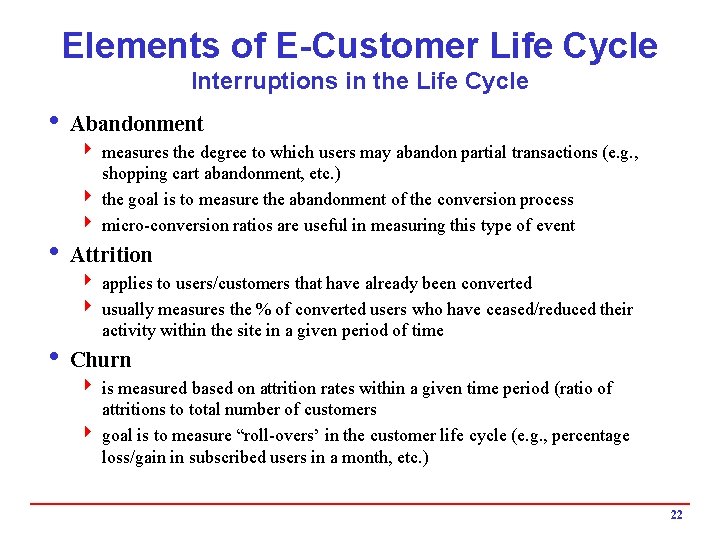 Elements of E-Customer Life Cycle Interruptions in the Life Cycle i Abandonment 4 measures