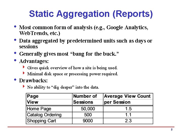 Static Aggregation (Reports) i Most common form of analysis (e. g. , Google Analytics,