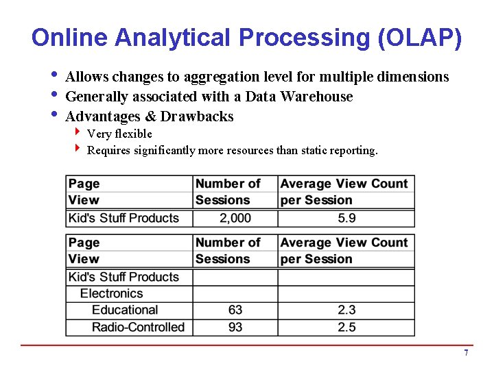 Online Analytical Processing (OLAP) i Allows changes to aggregation level for multiple dimensions i