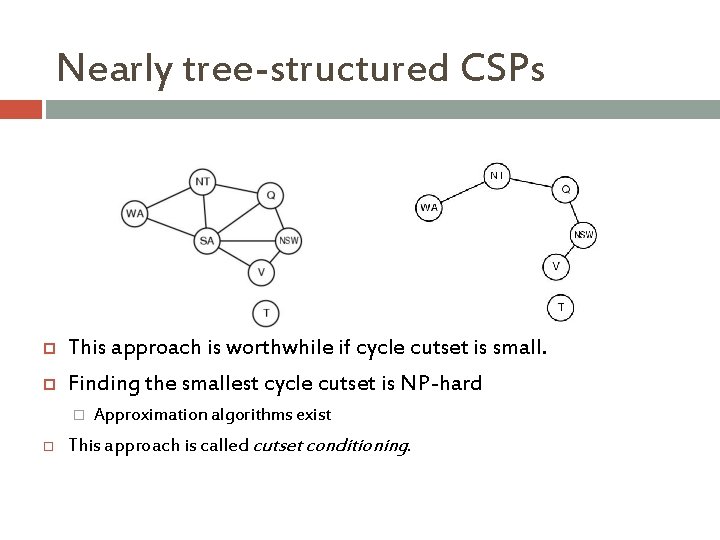 Nearly tree-structured CSPs This approach is worthwhile if cycle cutset is small. Finding the Nearly tree-structured CSPs This approach is worthwhile if cycle cutset is small. Finding the
