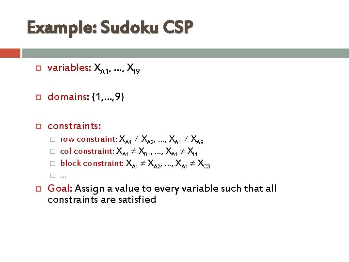 Example: Sudoku CSP variables: XA 1, …, XI 9 domains: {1, …, 9} constraints: Example: Sudoku CSP variables: XA 1, …, XI 9 domains: {1, …, 9} constraints: