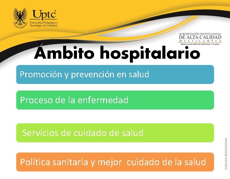 Ámbito hospitalario Promoción y prevención en salud Proceso de la enfermedad Servicios de cuidado