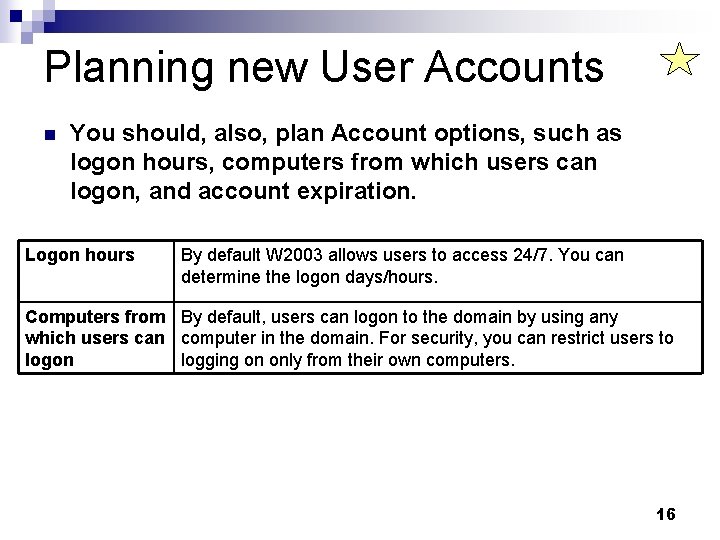 Planning new User Accounts n You should, also, plan Account options, such as logon