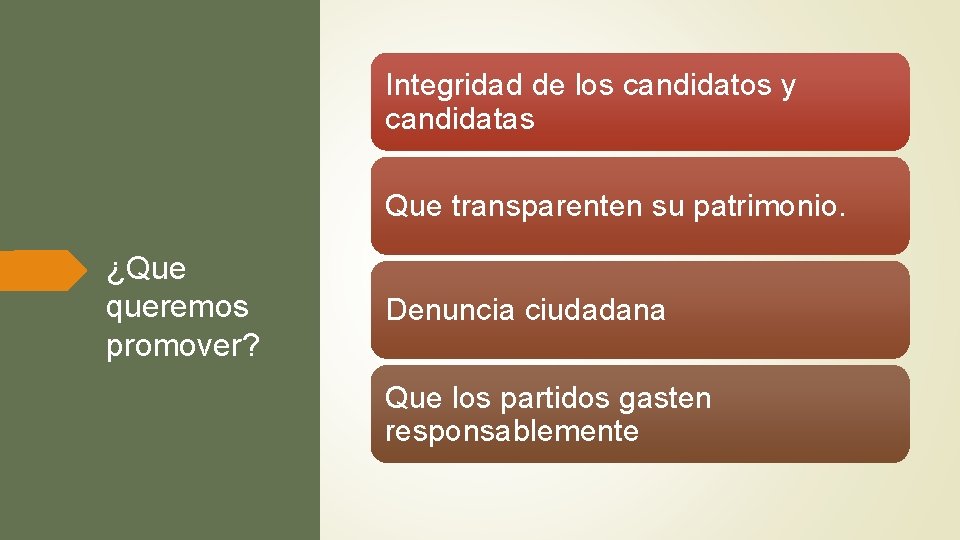 Integridad de los candidatos y candidatas Que transparenten su patrimonio. ¿Que queremos promover? Denuncia