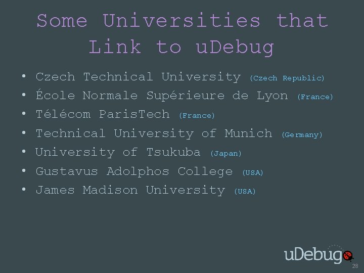 Some Universities that Link to u. Debug • • Czech Technical University (Czech Republic)