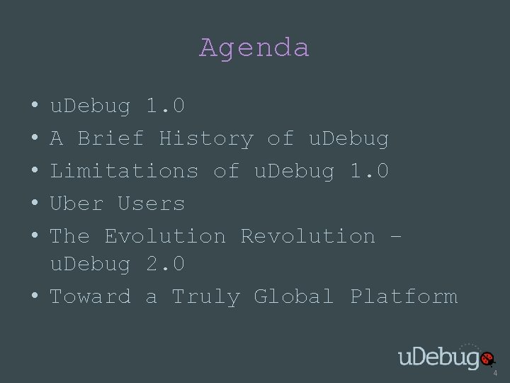 Agenda • • • u. Debug 1. 0 A Brief History of u. Debug