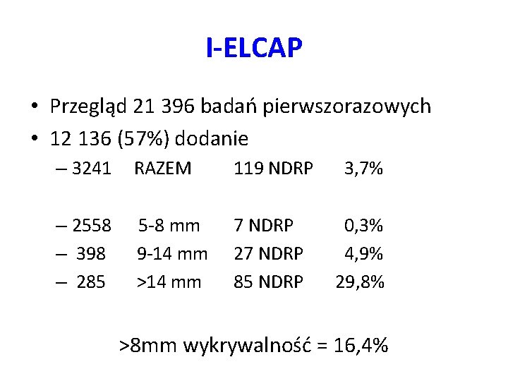 I-ELCAP • Przegląd 21 396 badań pierwszorazowych • 12 136 (57%) dodanie – 3241