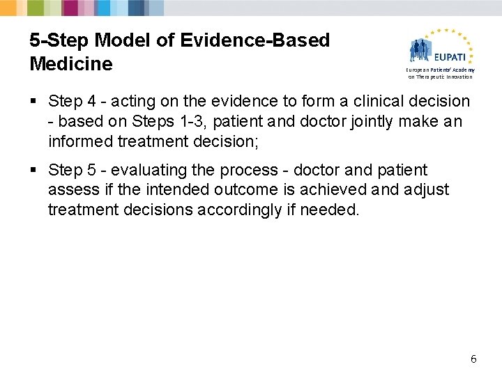 5 -Step Model of Evidence-Based Medicine European Patients’ Academy on Therapeutic Innovation § Step