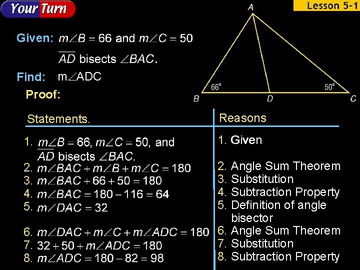 Given: . Find: m ADC Proof: Statements. Reasons 1. Given 2. 3. 4. 5.