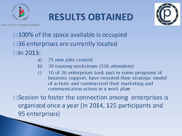 RESULTS OBTAINED � 100% of the space available is occupied � 36 enterprises are