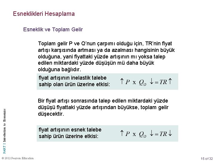 Esneklikleri Hesaplama Esneklik ve Toplam Gelir Toplam gelir P ve Q’nun çarpımı olduğu için,