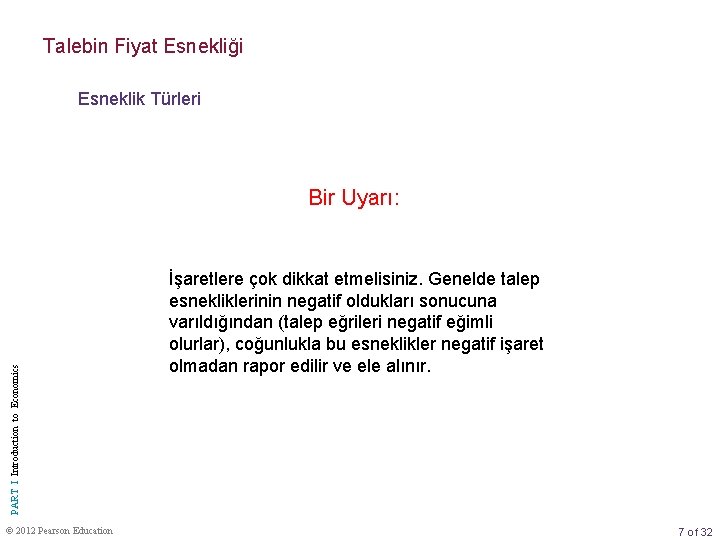 Talebin Fiyat Esnekliği Esneklik Türleri PART I Introduction to Economics Bir Uyarı: © 2012