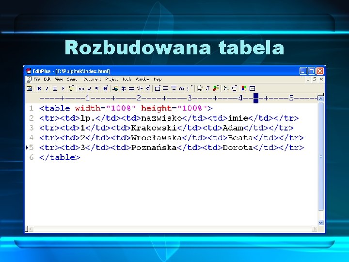 Rozbudowana tabela Każda tabela może się składać z wielu wierszy, w skład których wejdzie