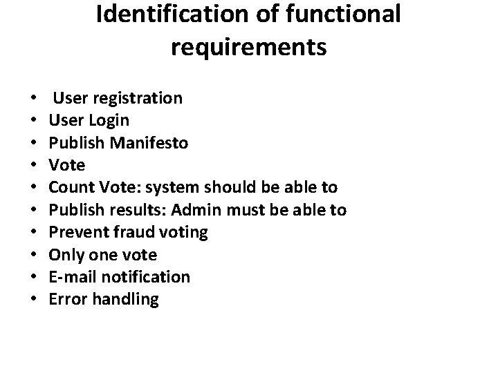 Identification of functional requirements • • • User registration User Login Publish Manifesto Vote