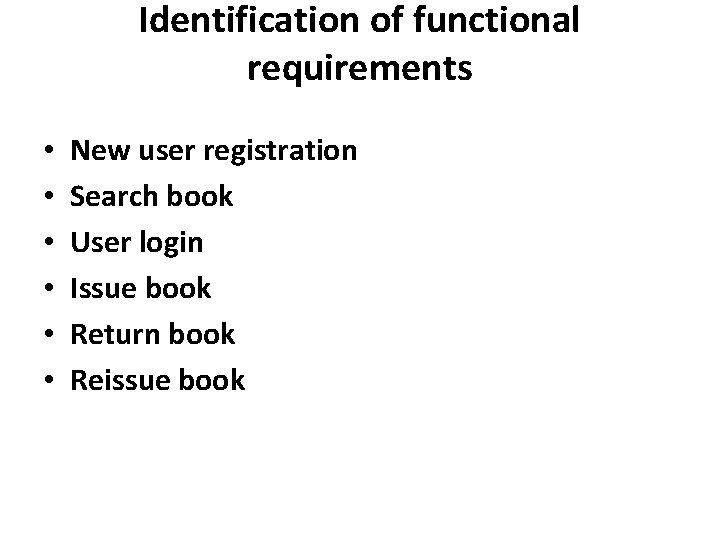 Identification of functional requirements • • • New user registration Search book User login