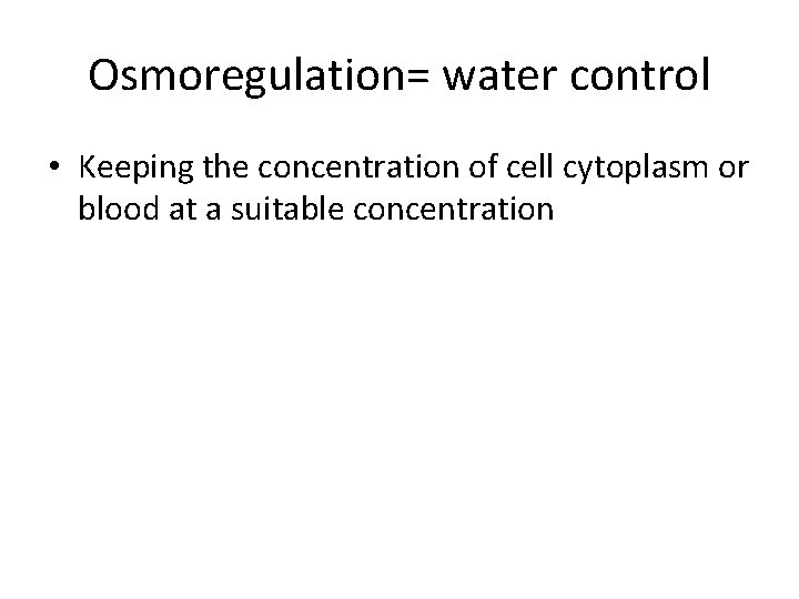 Osmoregulation= water control • Keeping the concentration of cell cytoplasm or blood at a