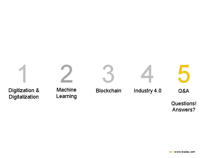 1 Digitization & Digitalization 2 Machine Learning 3 Blockchain 4 5 Industry 4. 0