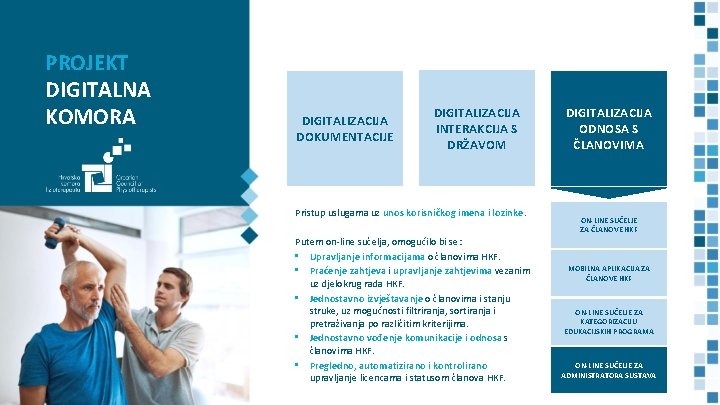 PROJEKT DIGITALNA KOMORA DIGITALIZACIJA DOKUMENTACIJE DIGITALIZACIJA INTERAKCIJA S DRŽAVOM Pristup uslugama uz unos korisničkog