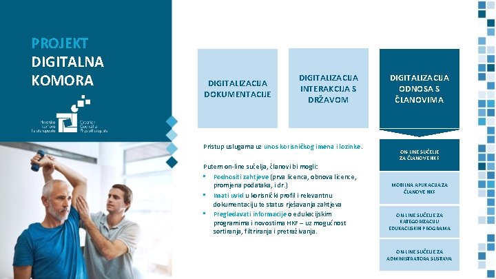PROJEKT DIGITALNA KOMORA DIGITALIZACIJA DOKUMENTACIJE DIGITALIZACIJA INTERAKCIJA S DRŽAVOM Pristup uslugama uz unos korisničkog