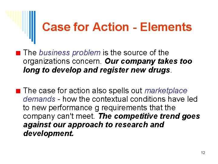 Case for Action - Elements The business problem is the source of the organizations