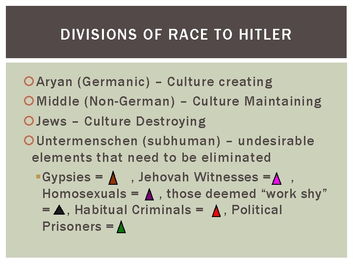 DIVISIONS OF RACE TO HITLER Aryan (Germanic) – Culture creating Middle (Non-German) – Culture