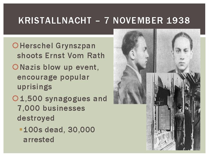KRISTALLNACHT – 7 NOVEMBER 1938 Herschel Grynszpan shoots Ernst Vom Rath Nazis blow up