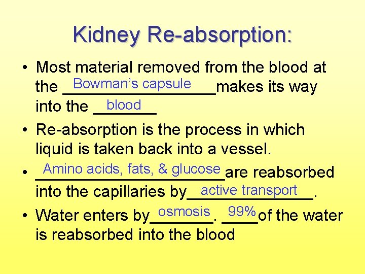 Kidney Re-absorption: • Most material removed from the blood at Bowman’s capsule the _________makes