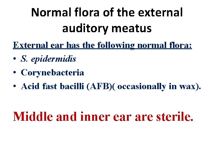 Normal flora of the external auditory meatus External ear has the following normal flora: