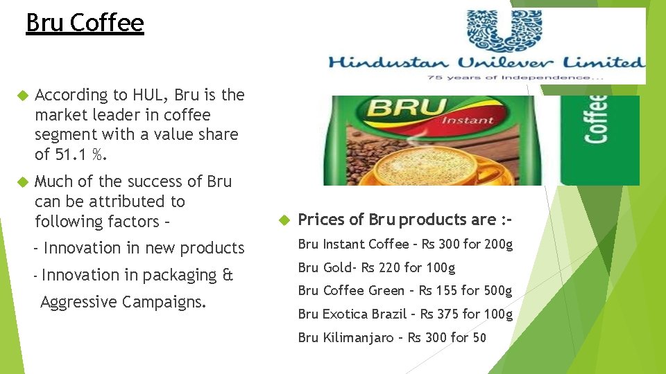 Bru Coffee According to HUL, Bru is the market leader in coffee segment with
